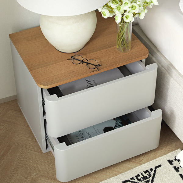 Agnes Curved Edge 2 Drawer Bedside Table, Dove Grey with Oak Top