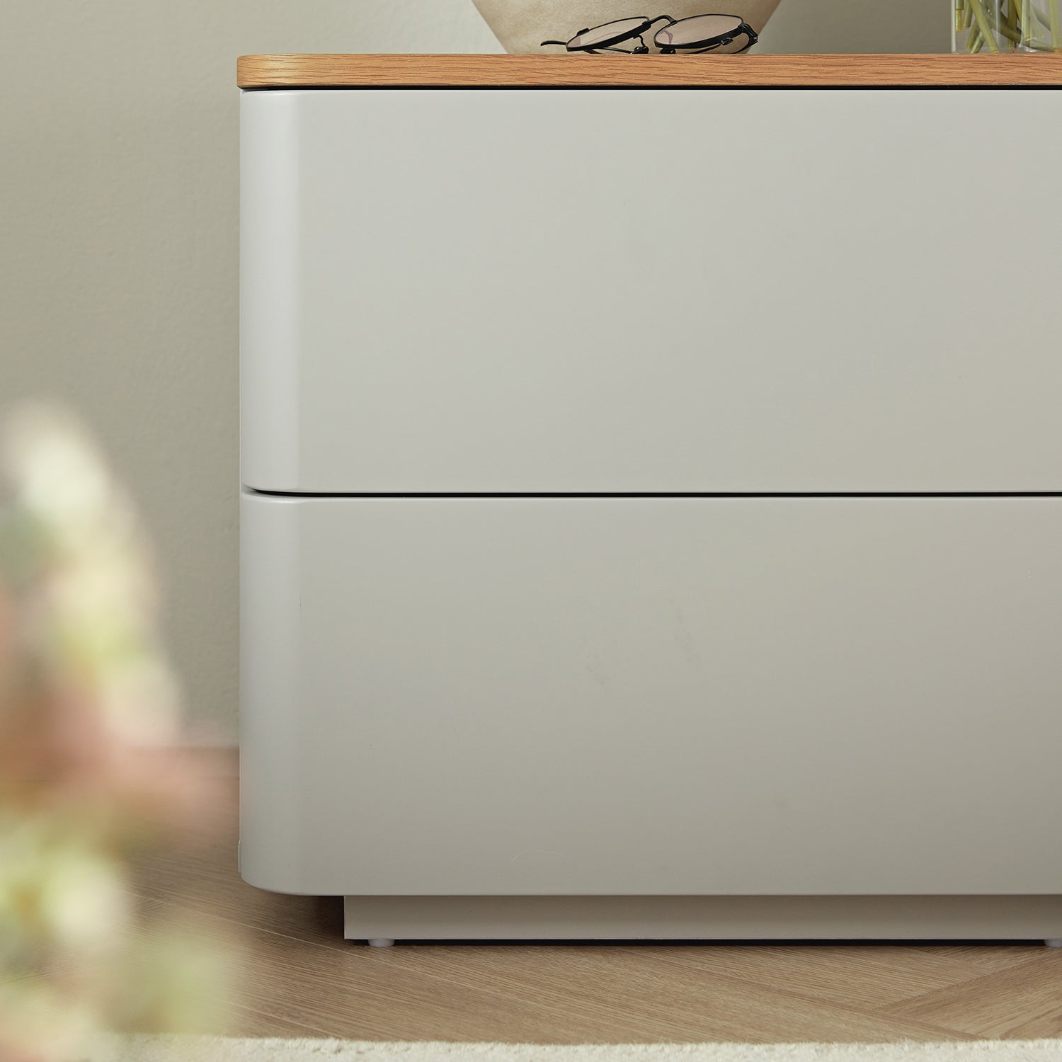 Agnes Curved Edge 2 Drawer Bedside Table, Dove Grey with Oak Top