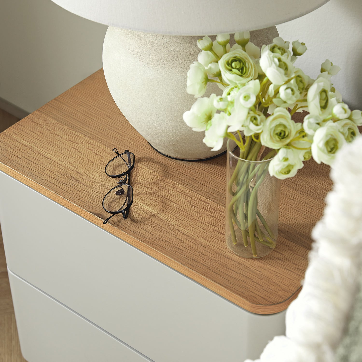 Agnes Curved Edge 2 Drawer Bedside Table, Dove Grey with Oak Top