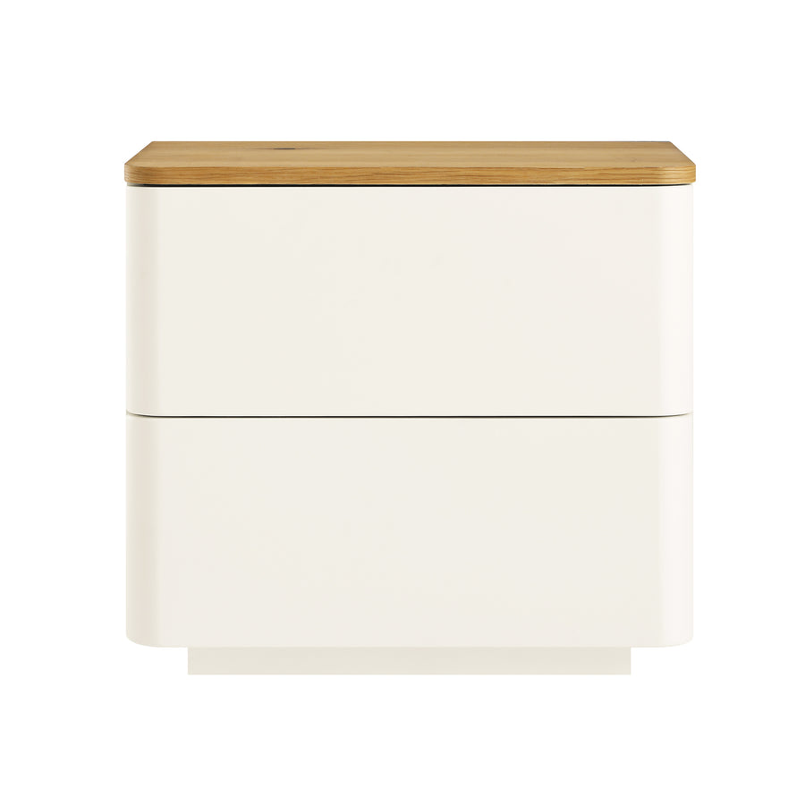 Agnes Curved Edge 2 Drawer Bedside Table, Off White with Oak Top