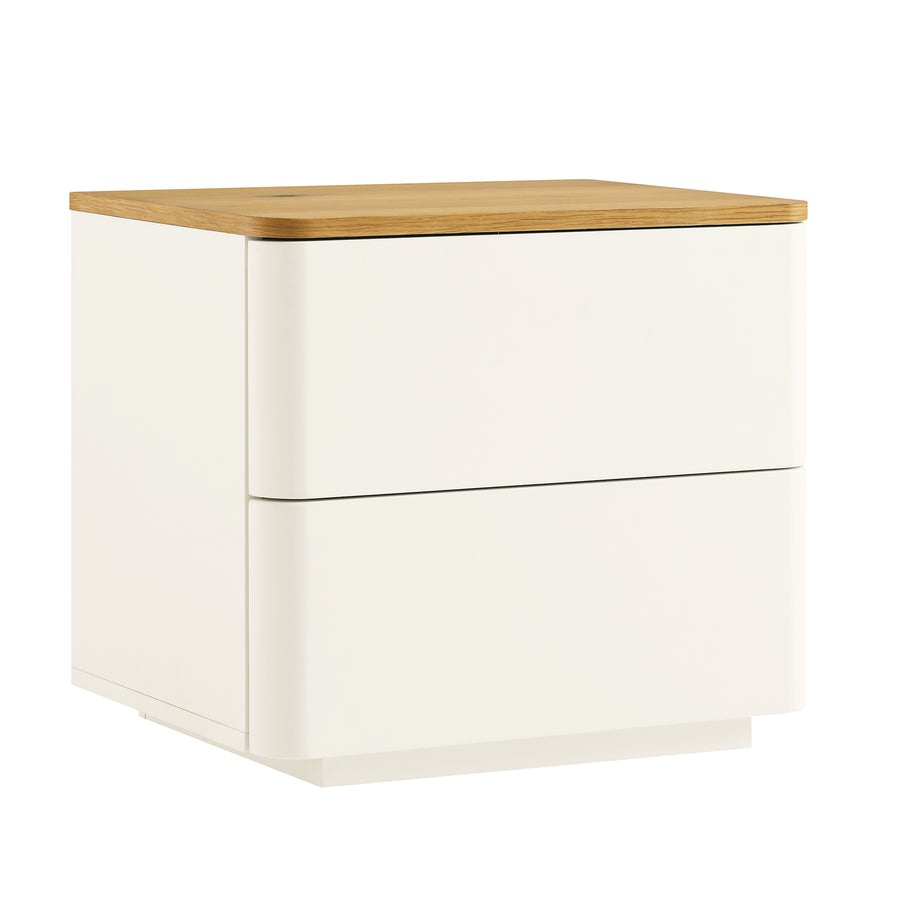 Agnes Curved Edge 2 Drawer Bedside Table, Off White with Oak Top
