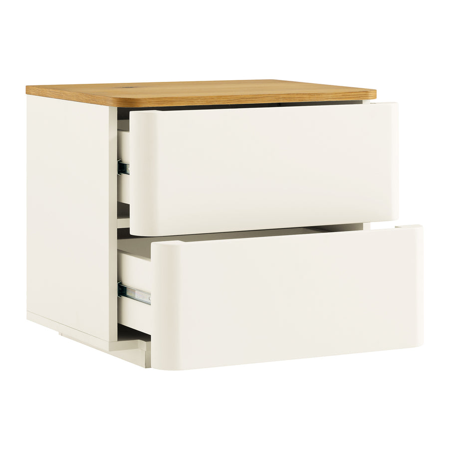 Agnes Curved Edge 2 Drawer Bedside Table, Off White with Oak Top