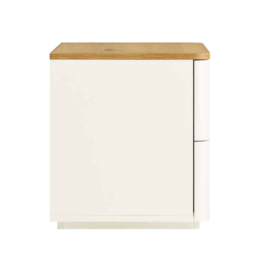 Agnes Curved Edge 2 Drawer Bedside Table, Off White with Oak Top