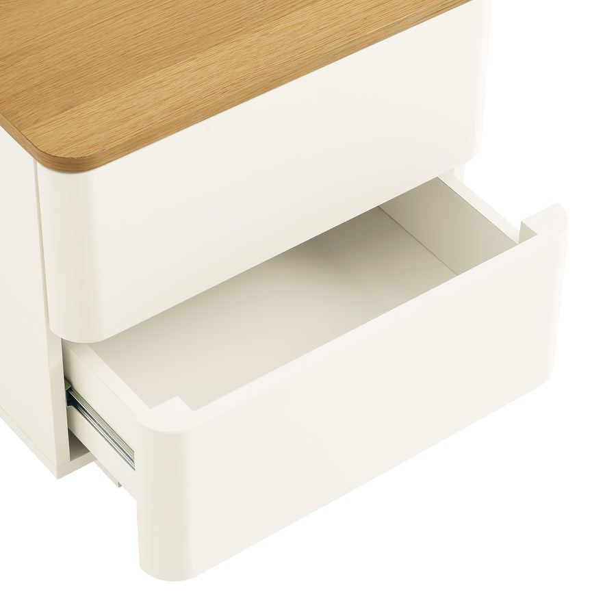 Agnes Curved Edge 2 Drawer Bedside Table, Off White with Oak Top