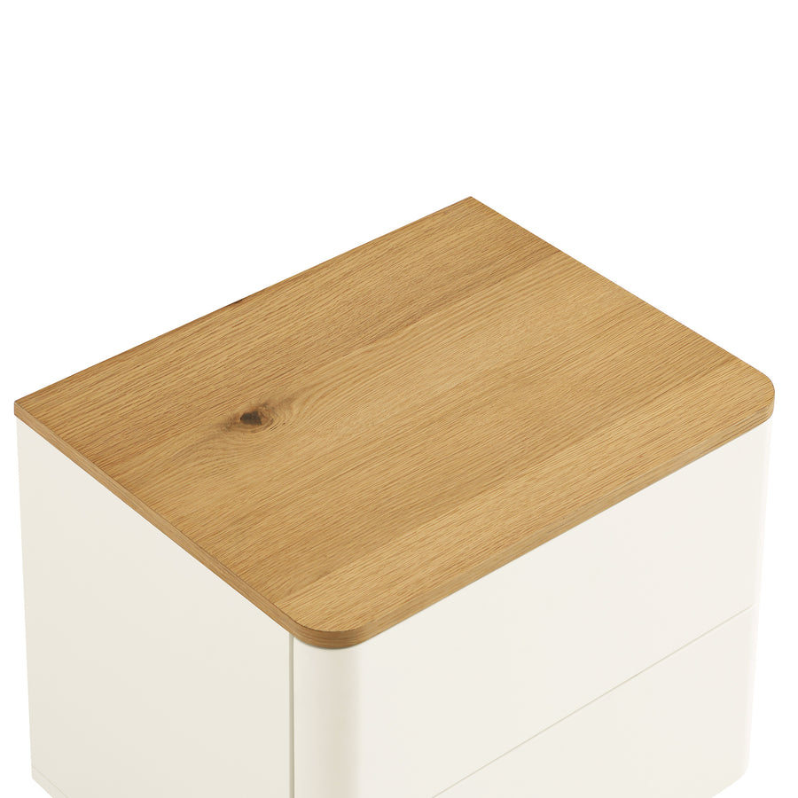 Agnes Curved Edge 2 Drawer Bedside Table, Off White with Oak Top