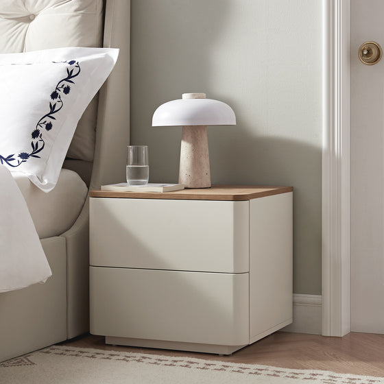 Agnes Curved Edge 2 Drawer Bedside Table, Off White with Oak Top