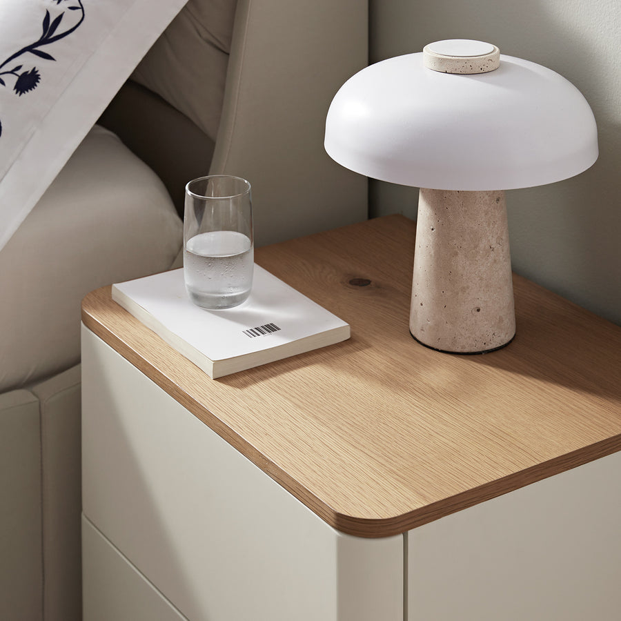 Agnes Curved Edge 2 Drawer Bedside Table, Off White with Oak Top
