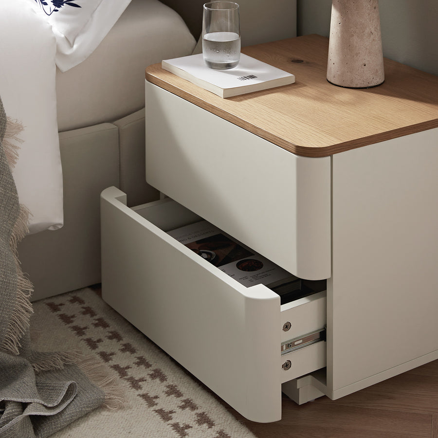 Agnes Curved Edge 2 Drawer Bedside Table, Off White with Oak Top