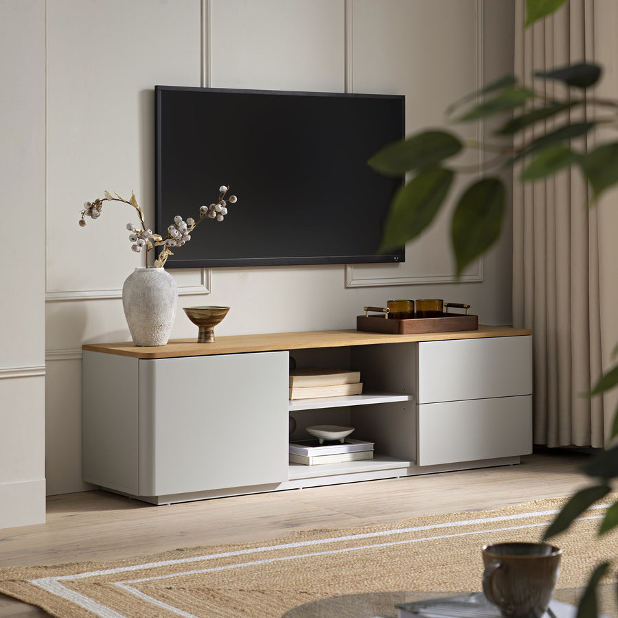 Agnes Curved Edge 150cm Wide TV Unit Dove Grey With Oak Top Daals agnes-curved-edge-150cm-wide-tv-unit-dove-grey-with-oak-top-daals