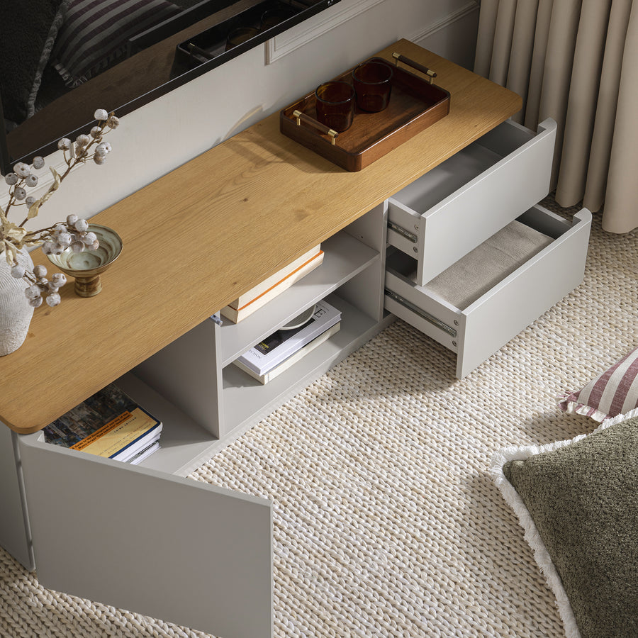 Agnes Curved Edge 150cm Wide TV Unit Dove Grey With Oak Top Daals agnes-curved-edge-150cm-wide-tv-unit-dove-grey-with-oak-top-daals