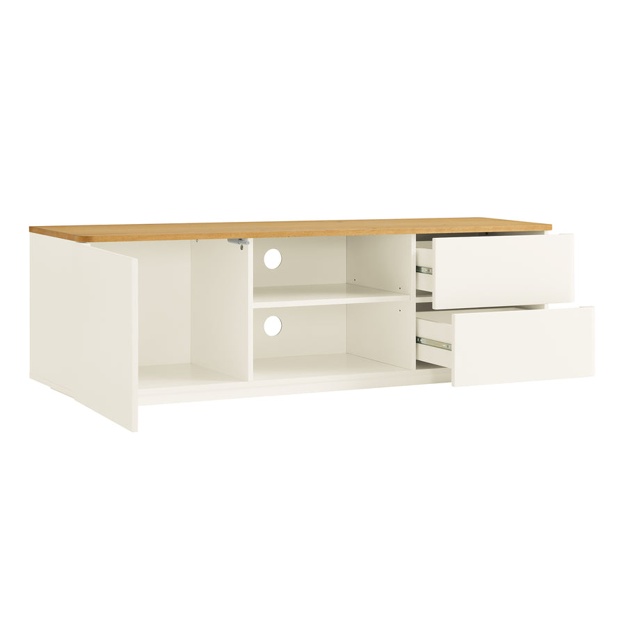 Agnes Curved Edge 150cm Wide TV Unit, Off White with Oak Top