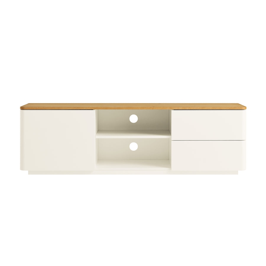 Agnes Curved Edge 150cm Wide TV Unit, Off White with Oak Top