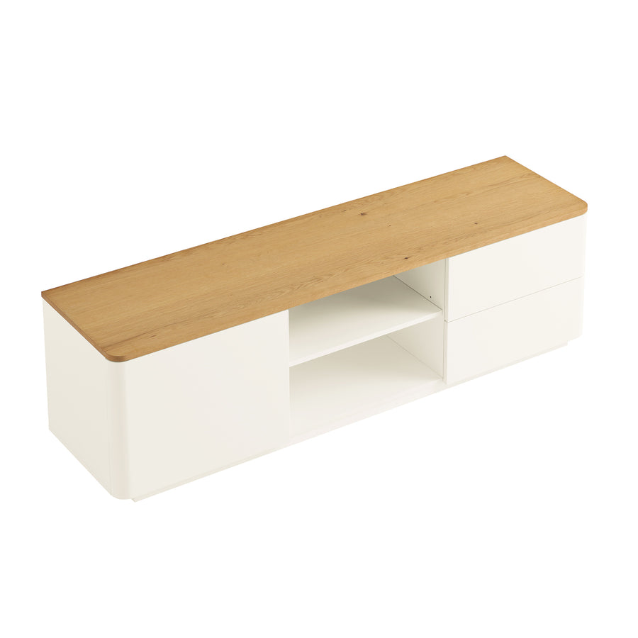 Agnes Curved Edge 150cm Wide TV Unit, Off White with Oak Top