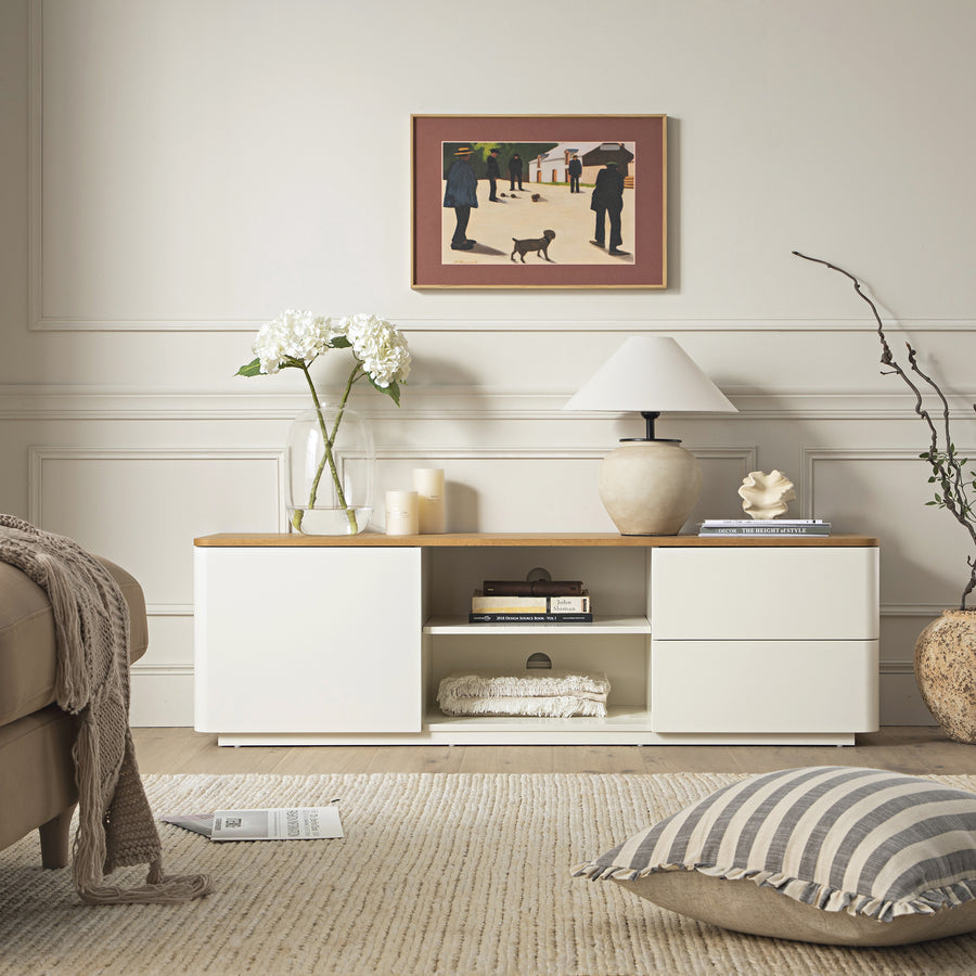 Agnes Curved Edge 150cm Wide TV Unit, Off White with Oak Top