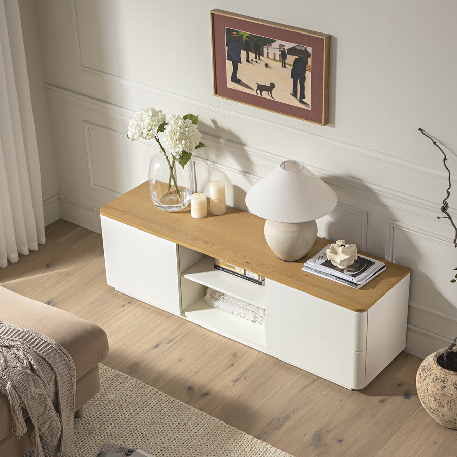 Agnes Curved Edge 150cm Wide TV Unit, Off White with Oak Top