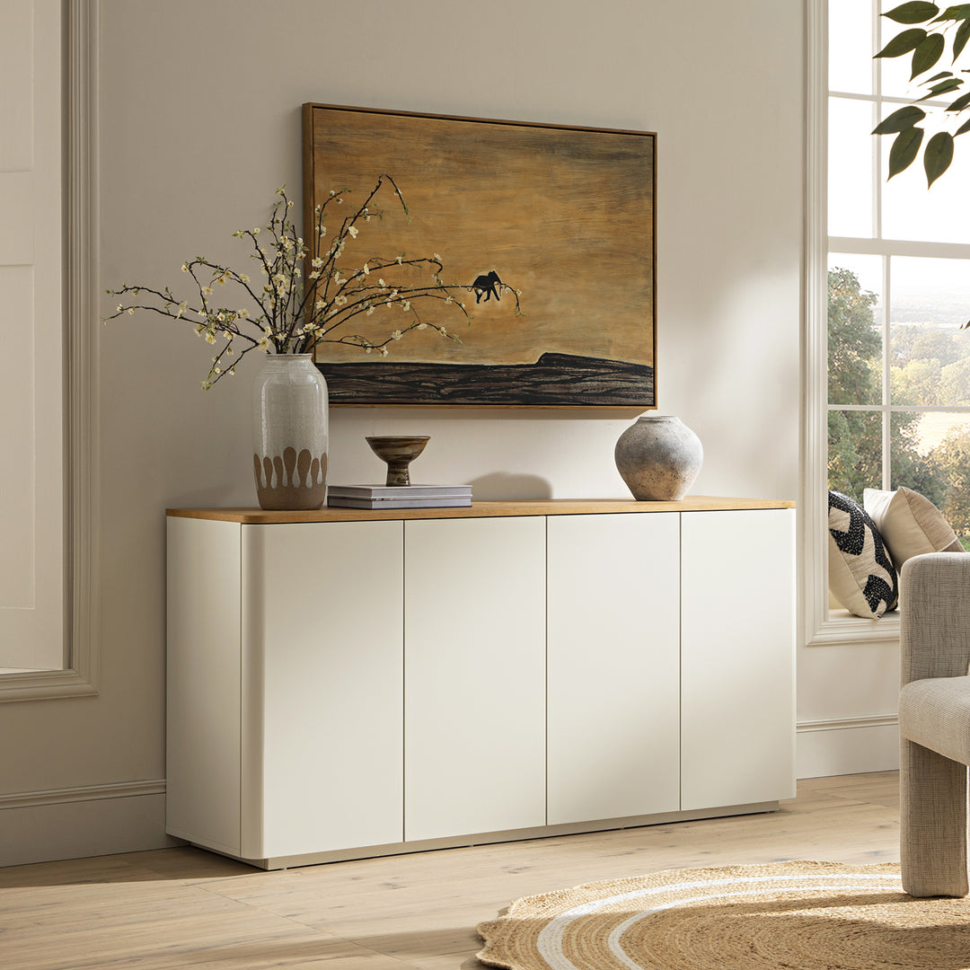 Agnes Curved Edge 150cm Wide Sideboard, Off White with Oak Top | daals