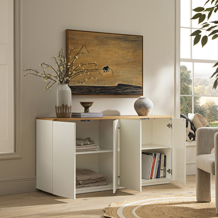 Agnes Curved Edge 150cm Wide Sideboard, Off White with Oak Top