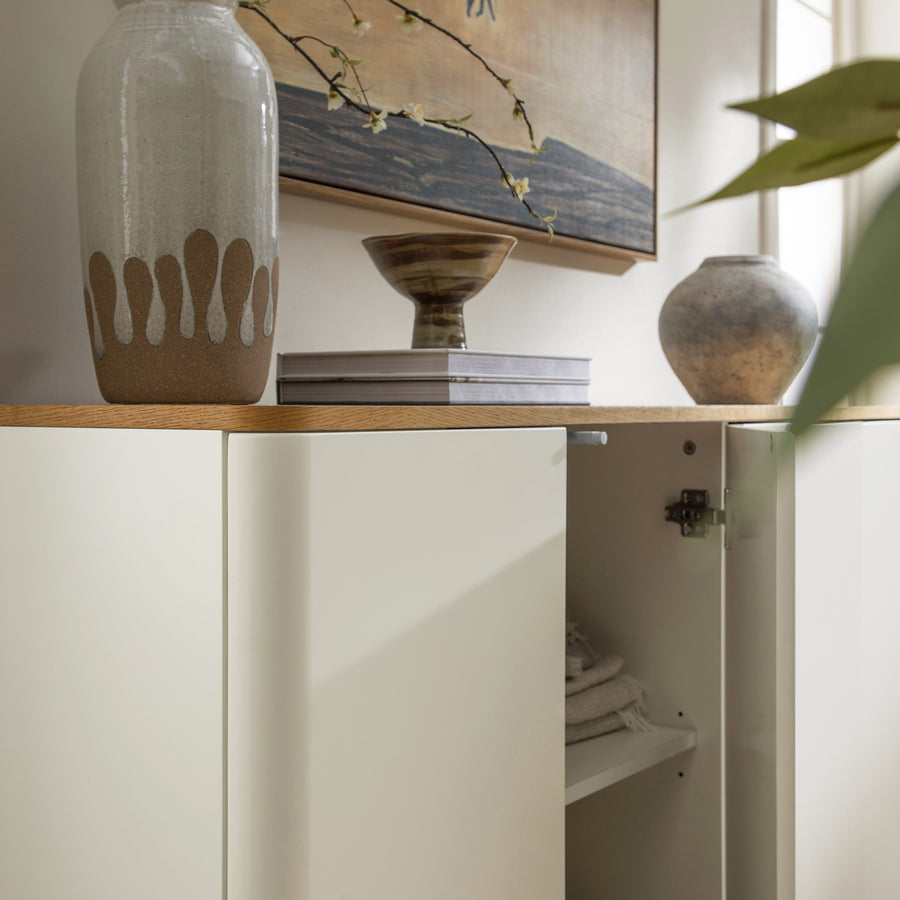 Agnes Curved Edge 150cm Wide Sideboard, Off White with Oak Top