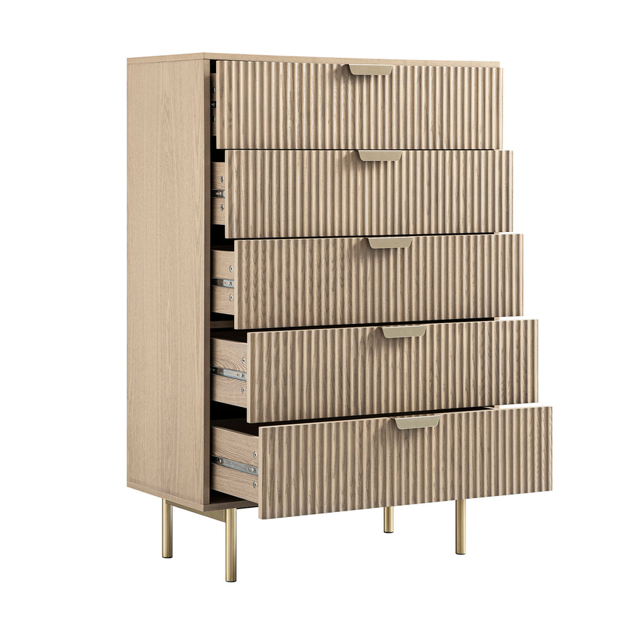 Richmond Ridged Chest of 5 Drawers, Light Ash