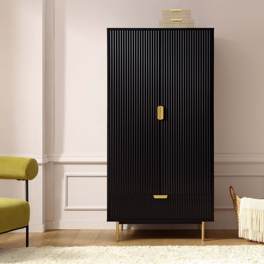 Richmond Ridged Double Wardrobe with Drawer, Matte Black