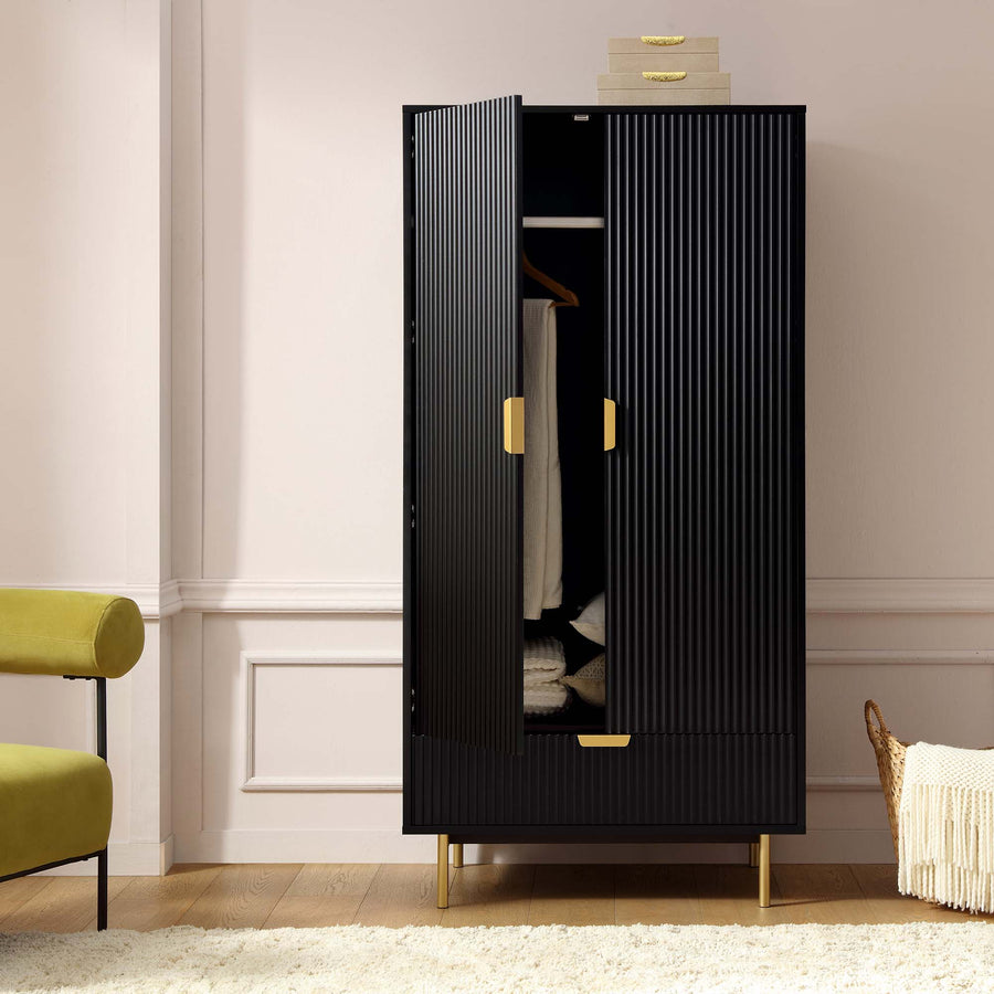 Richmond Ridged Double Wardrobe with Drawer, Matte Black