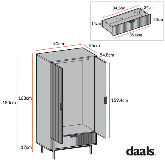 Richmond Ridged Double Wardrobe with Drawer, Dark Ash