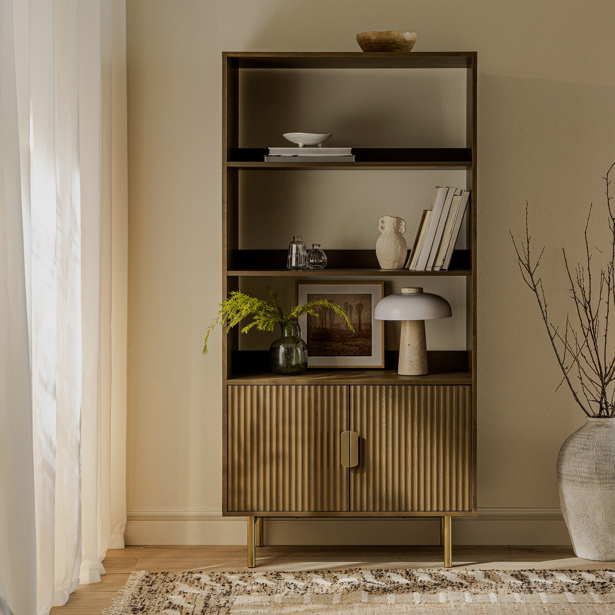 Richmond Ridged Tall Bookcase with Doors, Dark Ash