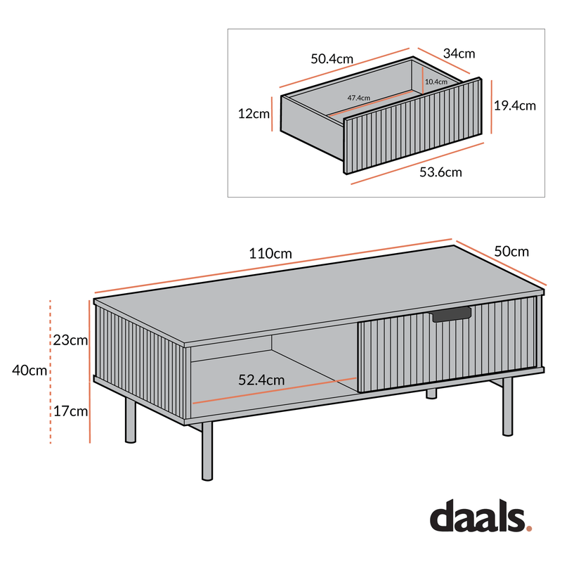 Richmond Ridged Coffee Table with Drawer, Dark Ash - daals