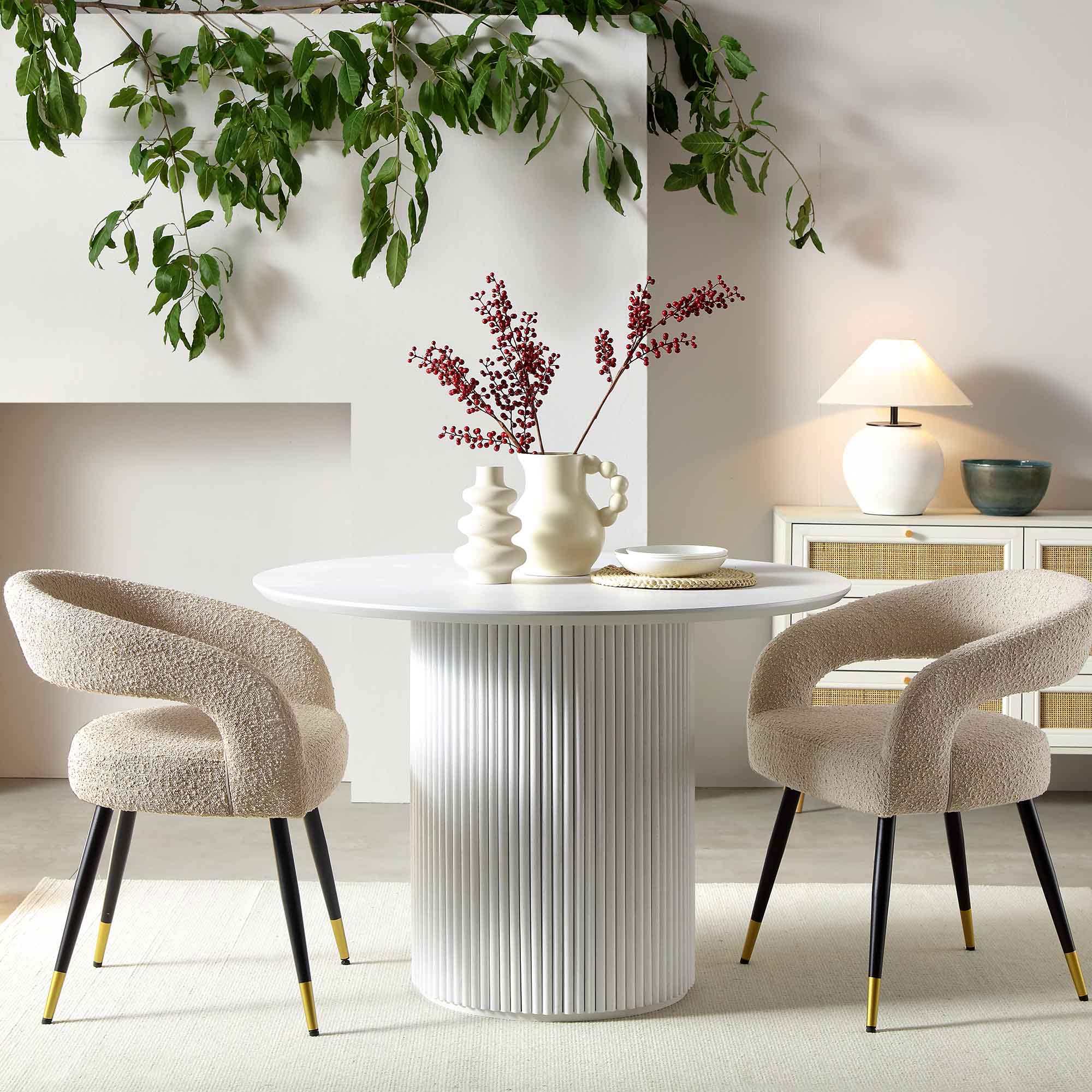 Maru Round Oak Pedestal Dining Table, Washed White