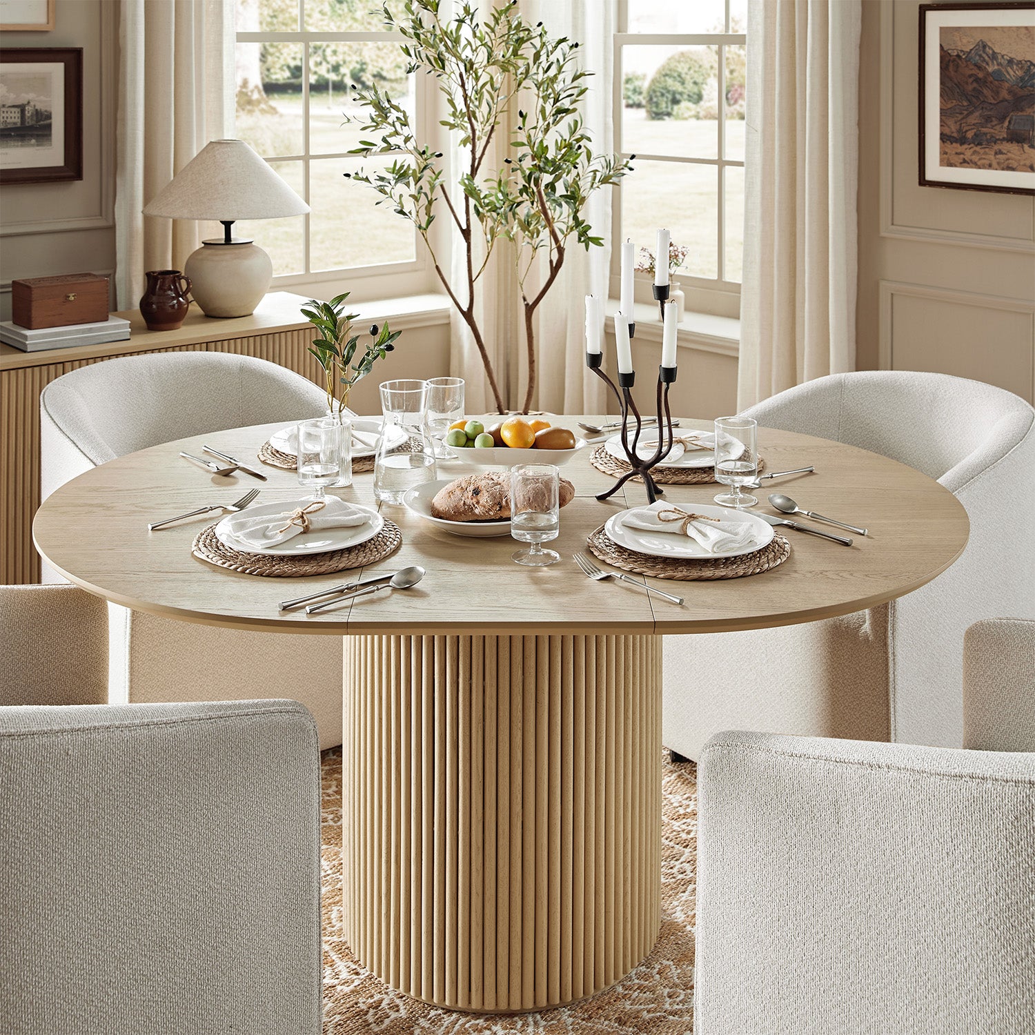 Maru Round 4-6 Seater Extending Oak Pedestal Dining Table, Greige Oak - daals