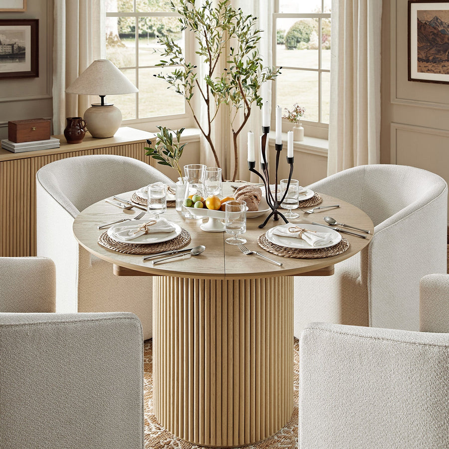 Maru Round 4-6 Seater Extending Oak Pedestal Dining Table, Greige Oak - daals