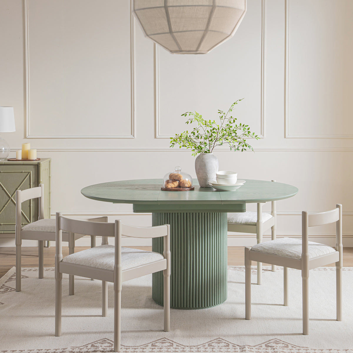 Maru Round 4-6 Seater Extending Oak Pedestal Dining Table, Sage Green ...