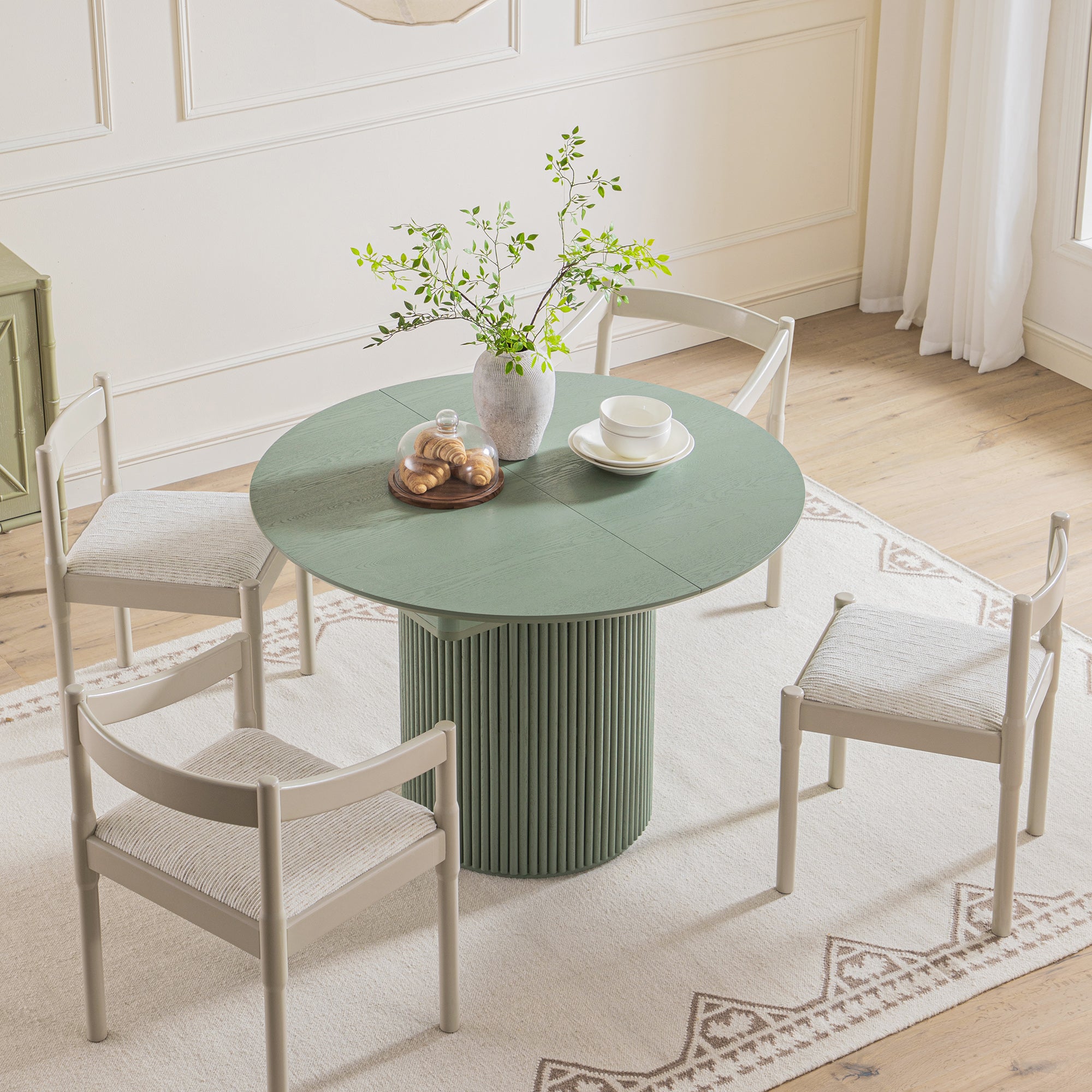 Maru Round 4-6 Seater Extending Oak Pedestal Dining Table, Sage Green ...