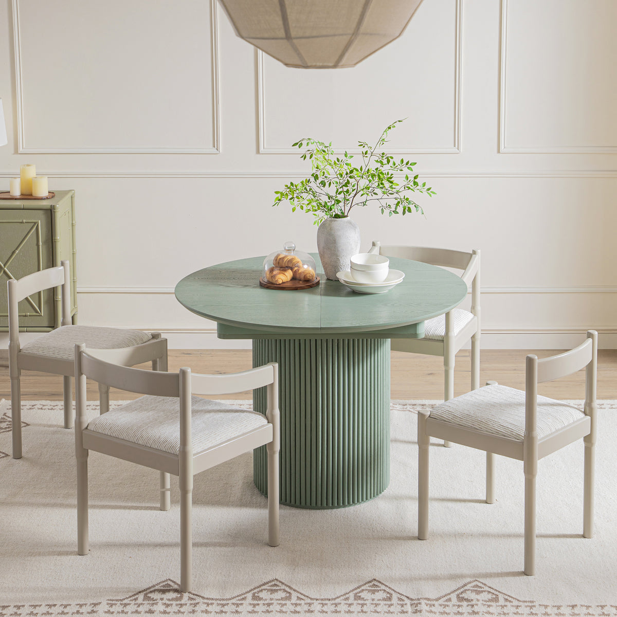 Maru Round 4-6 Seater Extending Oak Pedestal Dining Table, Sage Green ...