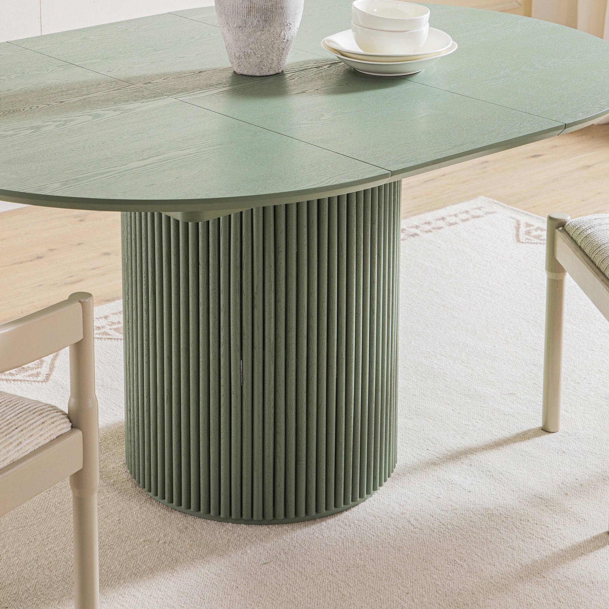 Maru Round 4-6 Seater Extending Oak Pedestal Dining Table, Sage Green ...