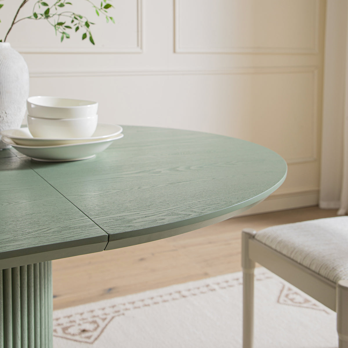 Maru Round 4-6 Seater Extending Oak Pedestal Dining Table, Sage Green ...