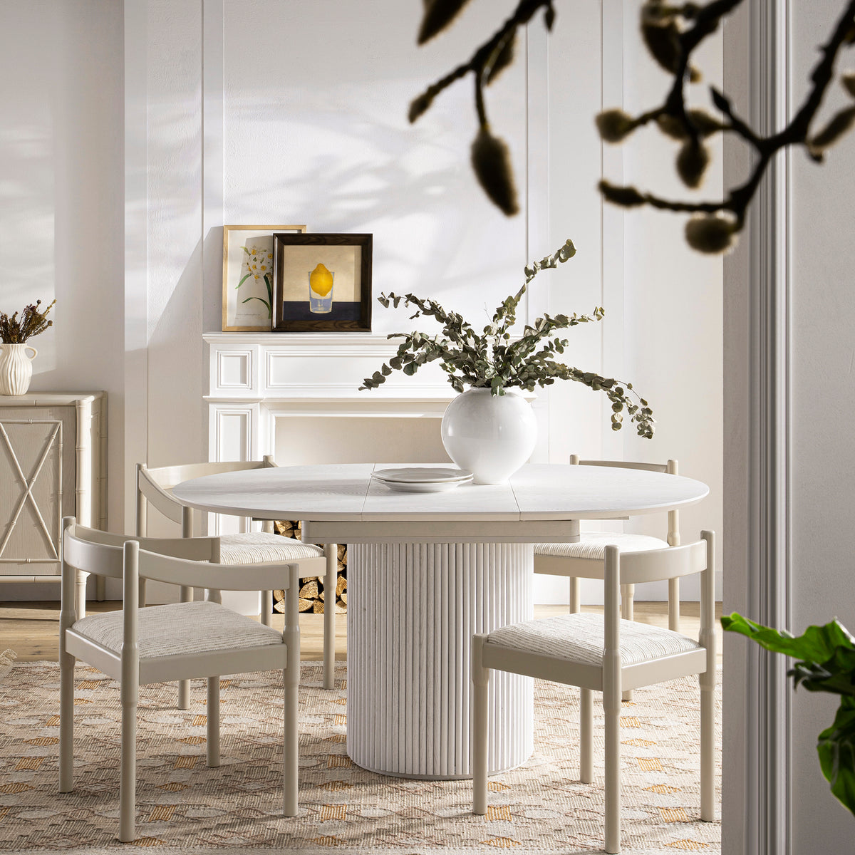 Maru Round 4-6 Seater Extending Oak Pedestal Dining Table, Washed Whit ...