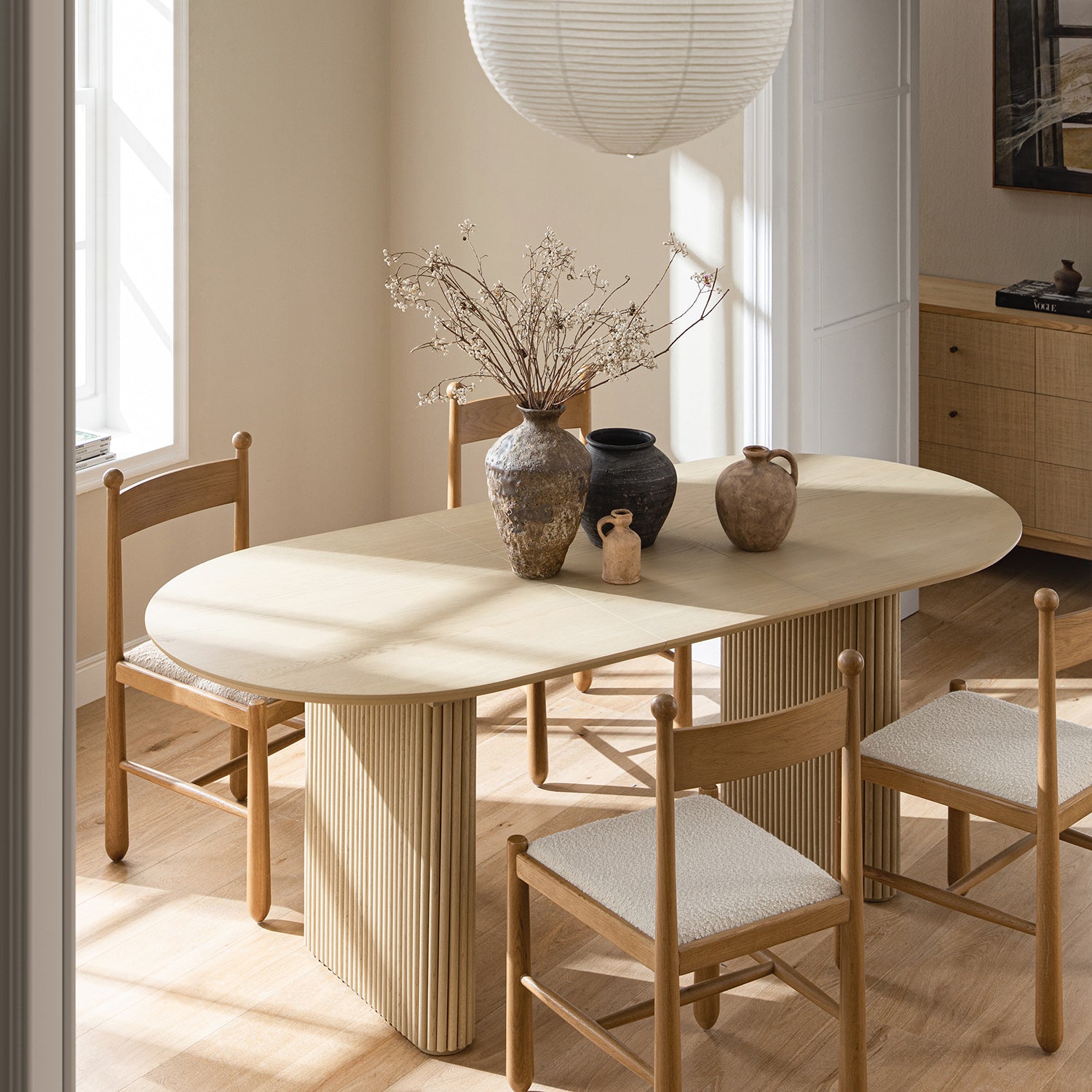 Maru Oval 6-8 Seater Extending Oak Pedestal Dining Table, Greige Oak - daals