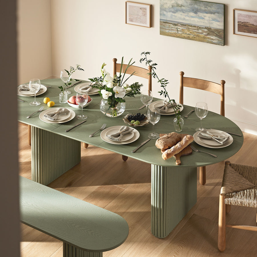 Maru Oval 6-8 Seater Extending Oak Pedestal Dining Table, Sage Green