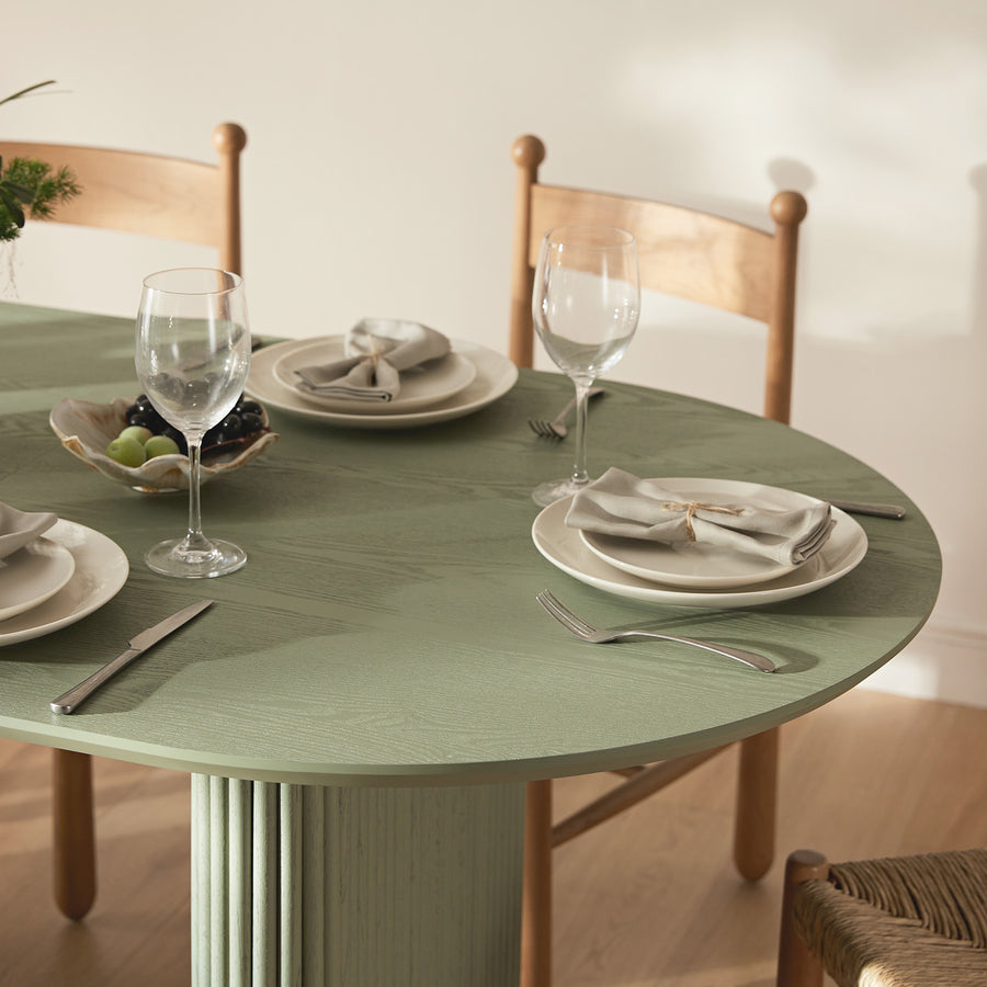 Maru Oval 6-8 Seater Extending Oak Pedestal Dining Table, Sage Green