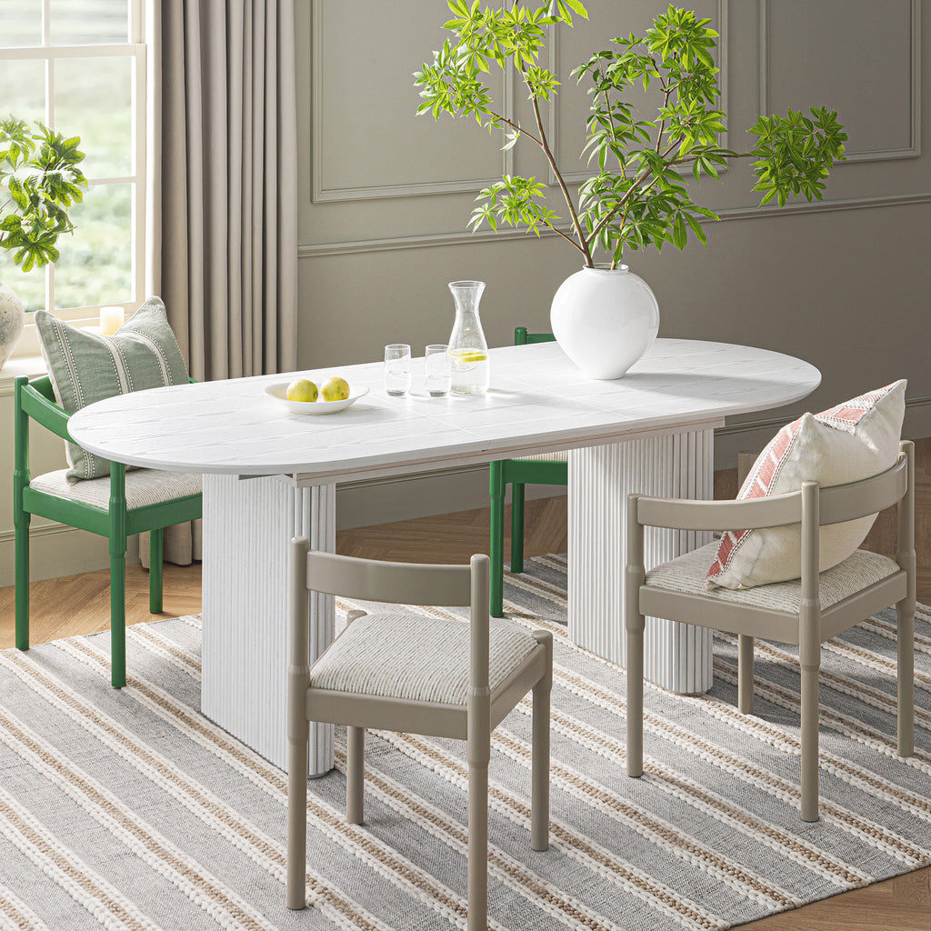 Maru Oval 6-8 Seater Extending Oak Pedestal Dining Table, Washed White | daals