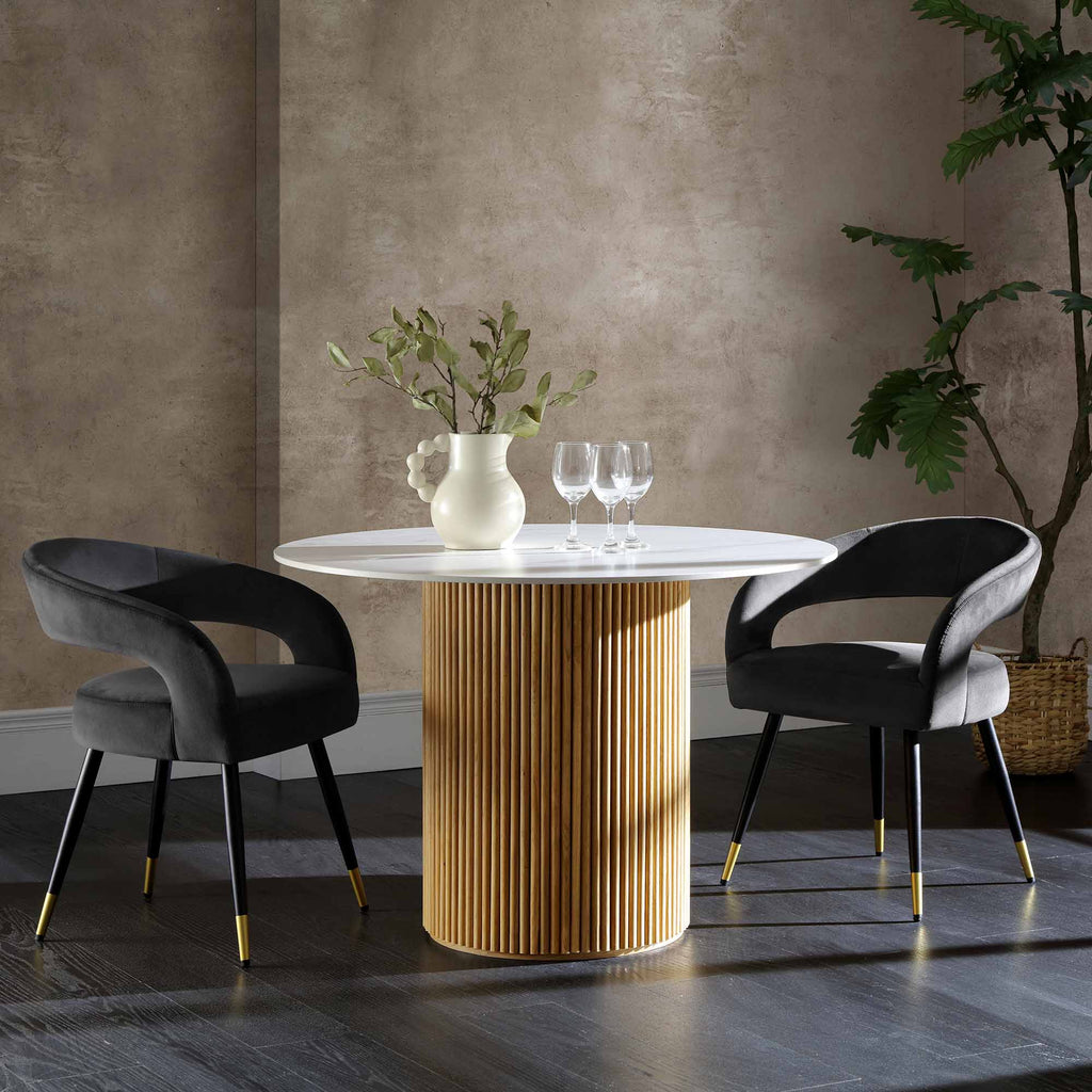 Maru Ceramic Top Oak Pedestal Round Dining Table | daals