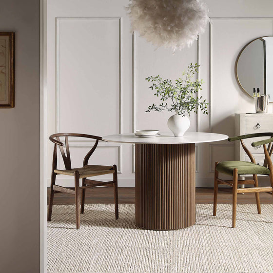 Maru Ceramic Top Silver Oak Pedestal Round Dining Table