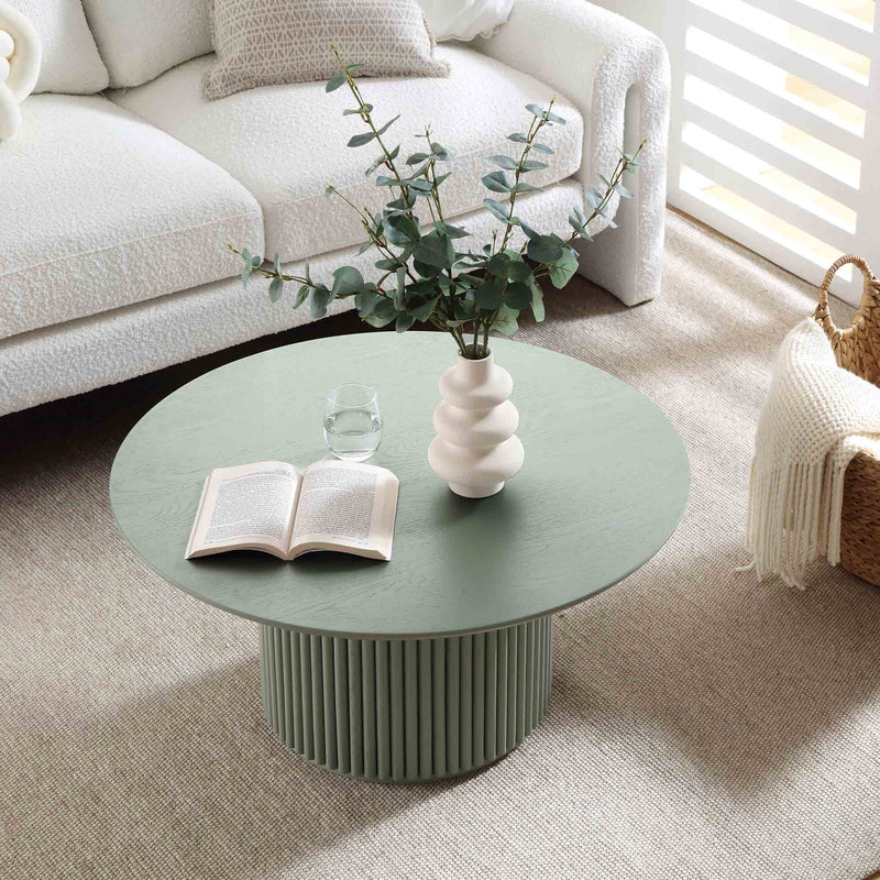 Maru Round Oak Pedestal Coffee Table, Sage Green