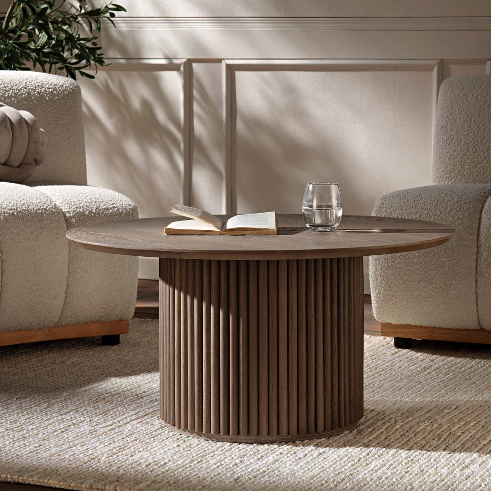 Maru Round Oak Pedestal Coffee Table, Silver Oak | daals