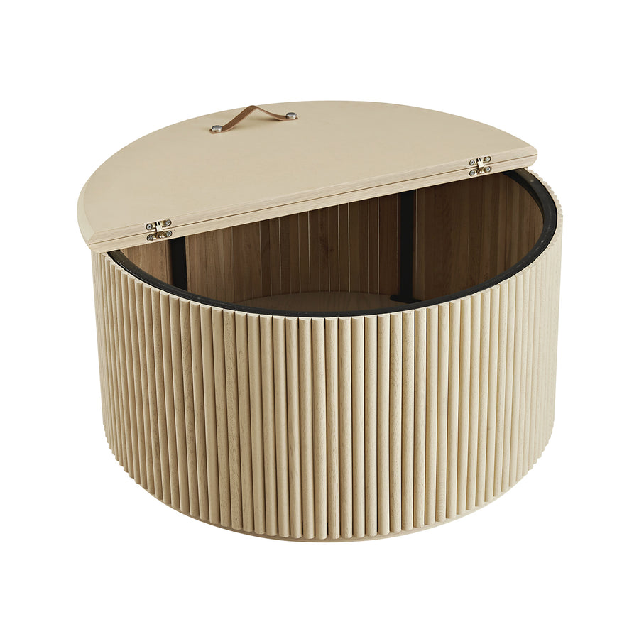 Maru Oak Round Coffee Table with Storage, Greige Oak