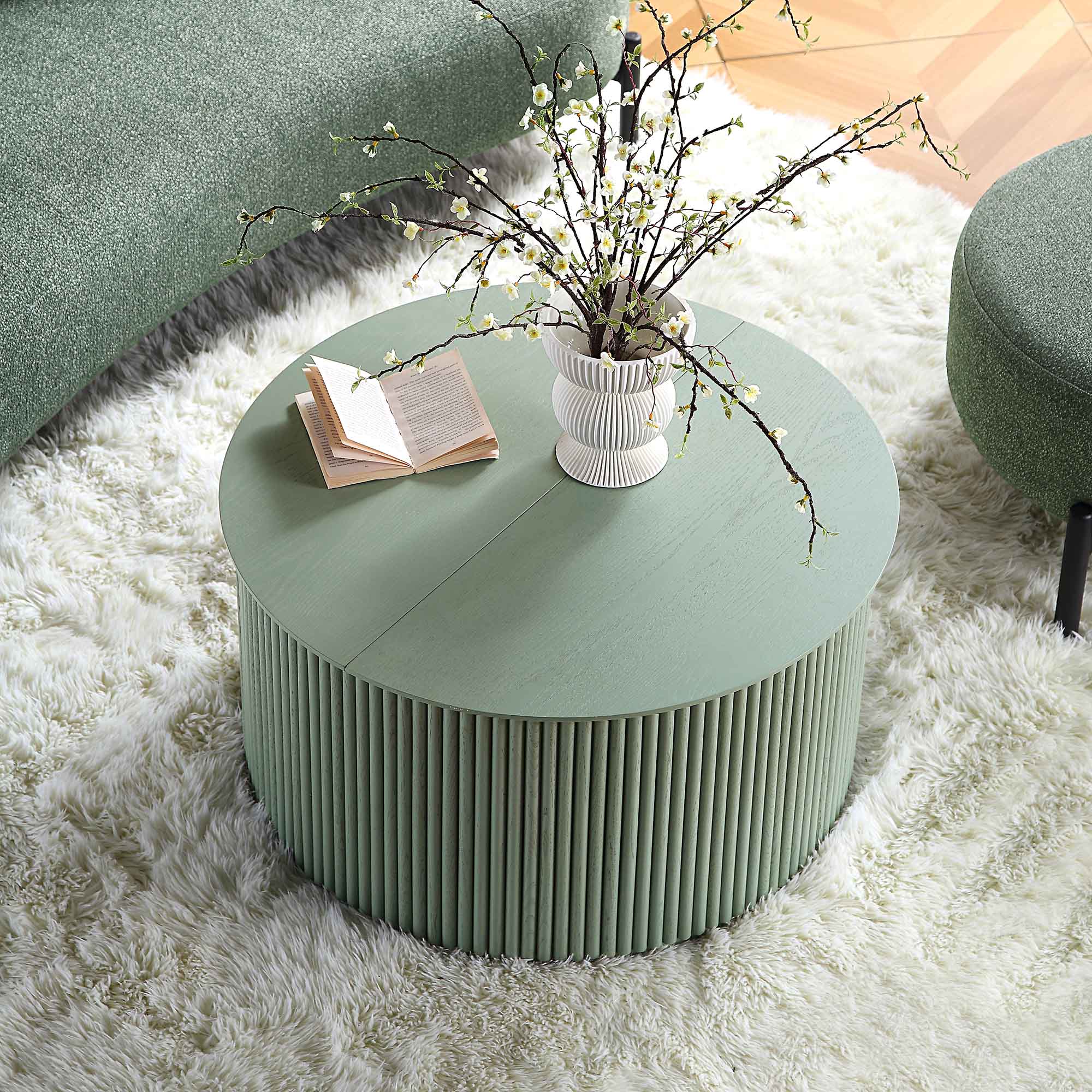 Maru Oak Round Coffee Table With Storage Sage Green Daals Maru oak round coffee table with storage sage green daals