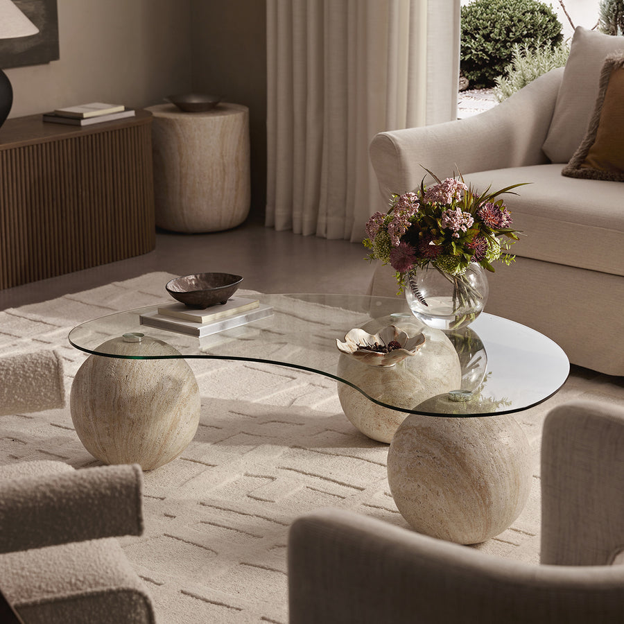 Sveti Curved Glass Coffee Table, Travertine