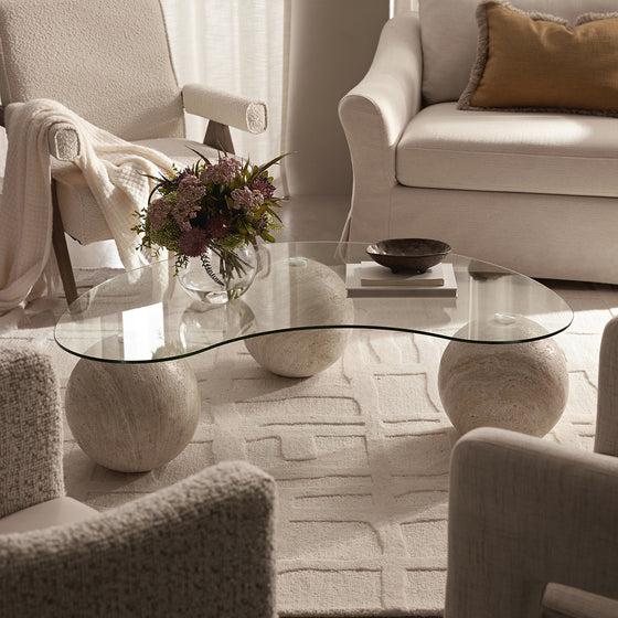 Sveti Curved Glass Coffee Table, Travertine