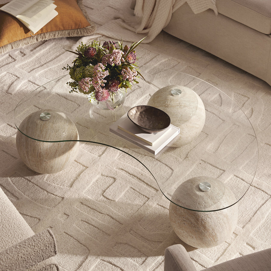 Sveti Curved Glass Coffee Table, Travertine